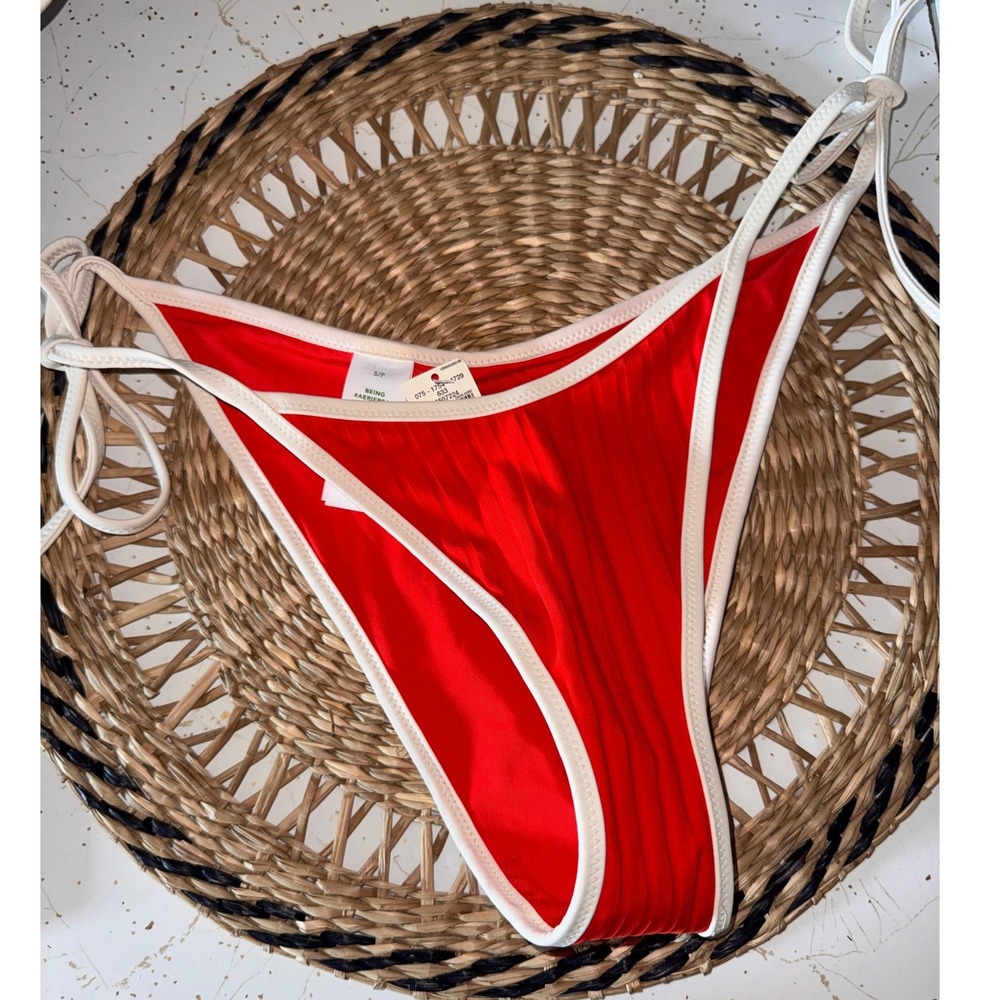 Aerie Real Good Cheekiest Bikini Bottom Red White Ribbed Side Tie Swim S NEW